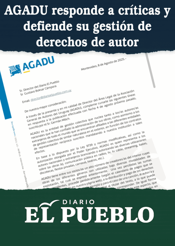AGADU responde a críticas y defiende su gestión de derechos de autor