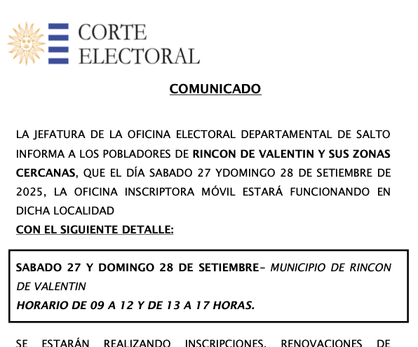 Oficina Electoral Móvil llegará a Rincón de Valentín el 27 y 28 de setiembre