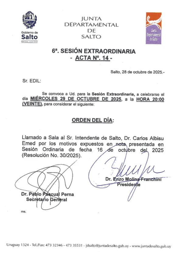 Fotografía de la carta de la Junta Departamental de Salto Convocando a sesión extraordinaria para este miércoles 29/10