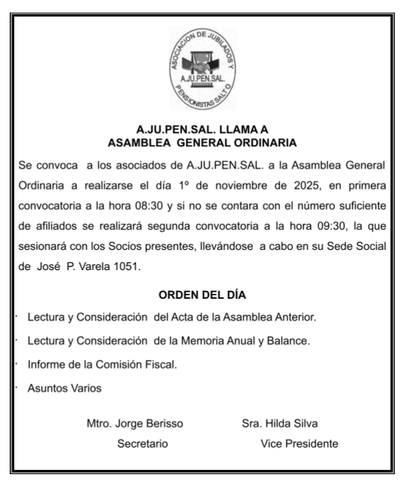 AJUPENSAL - Llamado a Asamblea General Ordinaria