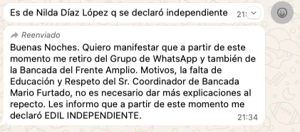 Captura de pantalla del mensaje de Whatsapp que correspondería(según fuente) a la edil Nilda Díaz López.