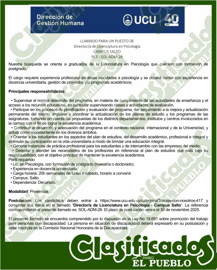 UCU Salto Busca un Director/a de Licenciatura en Psicología