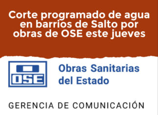 Corte programado de agua en barrios de Salto por obras de OSE este jueves