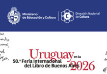 Uruguay desembarca en la 50ª Feria del Libro de Buenos Aires con la poesía como bandera Banner collage announcing 'Uruguay en la 50.a Feria Internacional del Libro de Buenos Aires 2026' with blue government logos top and green news strip bottom (El Pueblo).