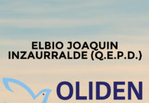ELBIO JOAQUIN INZAURRALDE (Q.E.P.D.) Memorial banner for Elbio Joaquin Inzaurralde (Q.E.P.D.) with the Oliden funeral logo (blue dove) and a black mourning ribbon over a cloudy sky.