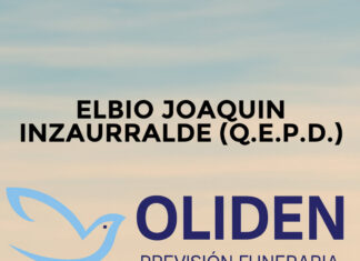 ELBIO JOAQUIN INZAURRALDE (Q.E.P.D.) Memorial banner for Elbio Joaquin Inzaurralde (Q.E.P.D.) with the Oliden funeral logo (blue dove) and a black mourning ribbon over a cloudy sky.