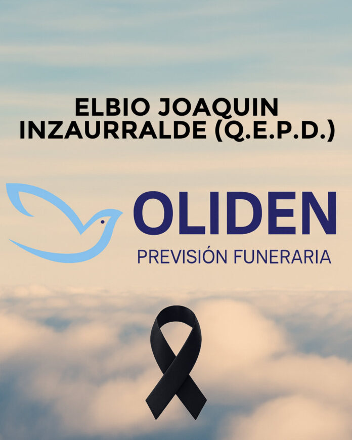Memorial banner for Elbio Joaquin Inzaurralde (Q.E.P.D.) with the Oliden funeral logo (blue dove) and a black mourning ribbon over a cloudy sky.