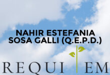 NAHIR ESTEFANIA SOSA GALLI (Q.E.P.D.) Book cover against a blue sky with clouds; title includes 'NAHIR ESTEFA NIA SOSA GALLI (Q.E.P.D.)' and 'REQU IEM', with a black mourning ribbon and 'COMPLEJO VELATORIO' text below.