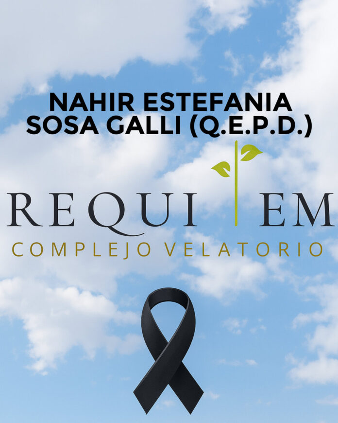 Book cover against a blue sky with clouds; title includes 'NAHIR ESTEFA NIA SOSA GALLI (Q.E.P.D.)' and 'REQU IEM', with a black mourning ribbon and 'COMPLEJO VELATORIO' text below.