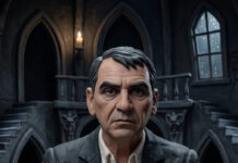 Amiguismo y «Lázaro Báez»: las denuncias de Mario Furtado Sculpted man’s head and shoulders in a dark gothic setting with a green news banner at the bottom showing a political headline in Spanish.