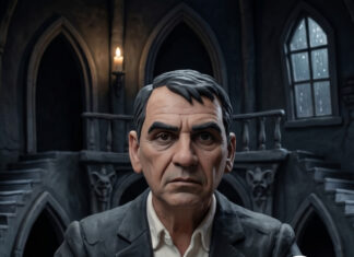 Sculpted man’s head and shoulders in a dark gothic setting with a green news banner at the bottom showing a political headline in Spanish.