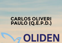 CARLOS OLIVERI PAULO (Q.E.P.D.) Banner honoring Carlos Oliveri Paulo (Q.E.P.D.) with OLIDEN Funeraria logo and a black mourning ribbon over a cloudy sky backdrop