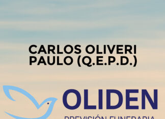 CARLOS OLIVERI PAULO (Q.E.P.D.) Banner honoring Carlos Oliveri Paulo (Q.E.P.D.) with OLIDEN Funeraria logo and a black mourning ribbon over a cloudy sky backdrop