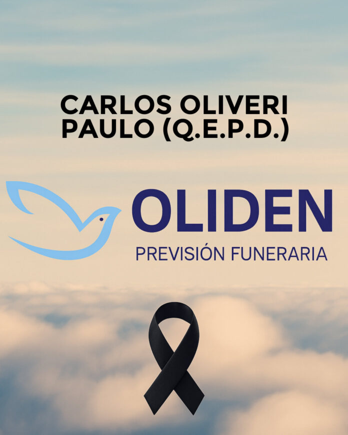 Banner honoring Carlos Oliveri Paulo (Q.E.P.D.) with OLIDEN Funeraria logo and a black mourning ribbon over a cloudy sky backdrop