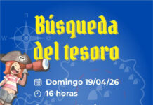 Búsqueda del Tesoro en Parque Harriague para jóvenes y familias Promotional poster for a treasure hunt: pirate character on the left, bold yellow title Búsqueda del tesoro, details Domingo 19/04/26 a las 16:00 en Parque Harriague.