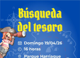 Búsqueda del Tesoro en Parque Harriague para jóvenes y familias Promotional poster for a treasure hunt: pirate character on the left, bold yellow title Búsqueda del tesoro, details Domingo 19/04/26 a las 16:00 en Parque Harriague.