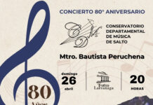Conservatorio de Salto celebra 80 años con concierto Conservatorio de Salto 80 años: concierto de Mtro. Bautista Peruchena, domingo 26 de abril, Teatro Larrañaga, 20:00.