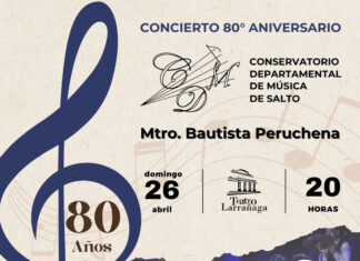 Conservatorio de Salto celebra 80 años con concierto Conservatorio de Salto 80 años: concierto de Mtro. Bautista Peruchena, domingo 26 de abril, Teatro Larrañaga, 20:00.