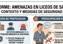 Amenazas en liceos de Salto generan alerta policial! Infographic en español sobre amenazas en liceos: protocolos de seguridad, con iconos policiales y un hombre que explica, parte superior con encabezados y una sección verde de titular.