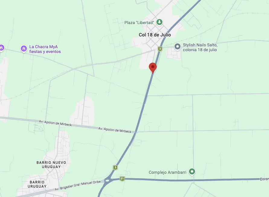 Ubicación del siniestro / 1er acceso a la Colonia 18 de Julio en dirección Norte.
