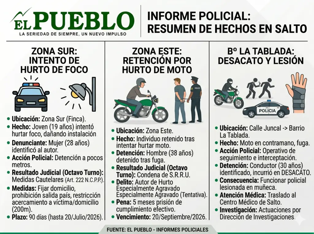 La policía de Salto intervino en varios delitos: un joven de 19 años detenido, un hombre condenado a prisión por hurto y una oficial lesionada tras un desacato. / Infografía creada usando Gemini AI para EL PUEBLO