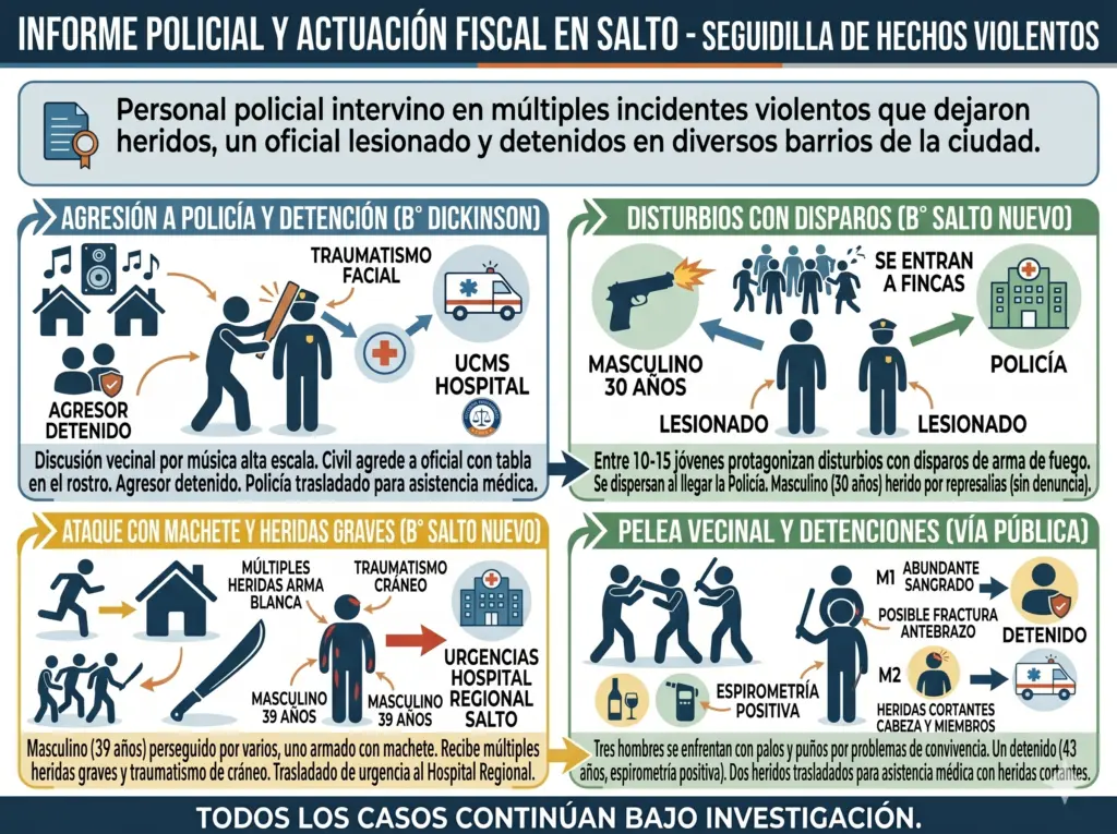 Violencia en Salto: policía herido, disparos y ataque a machete / Creada con Gemini AI