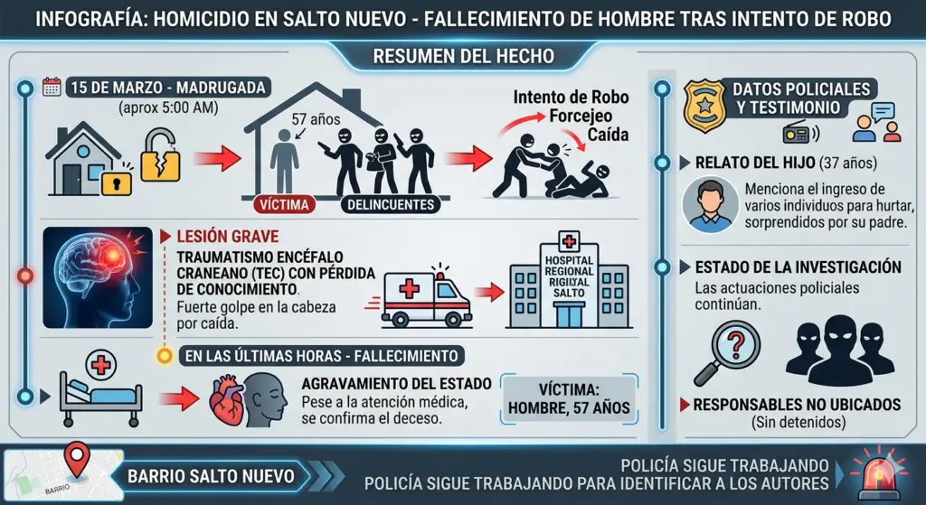Murió tras robo en su casa: brutal agresión en Salto / Infografía generada usando Gemini AI