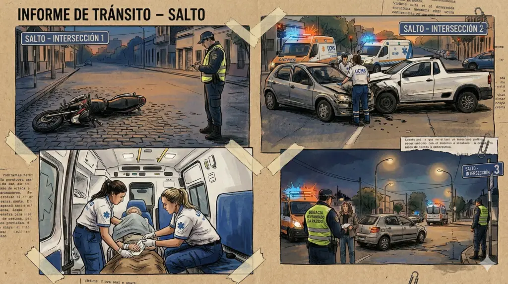 Siniestros de tránsito en Salto dejan varios lesionados / Imagen generada con Gemini AI