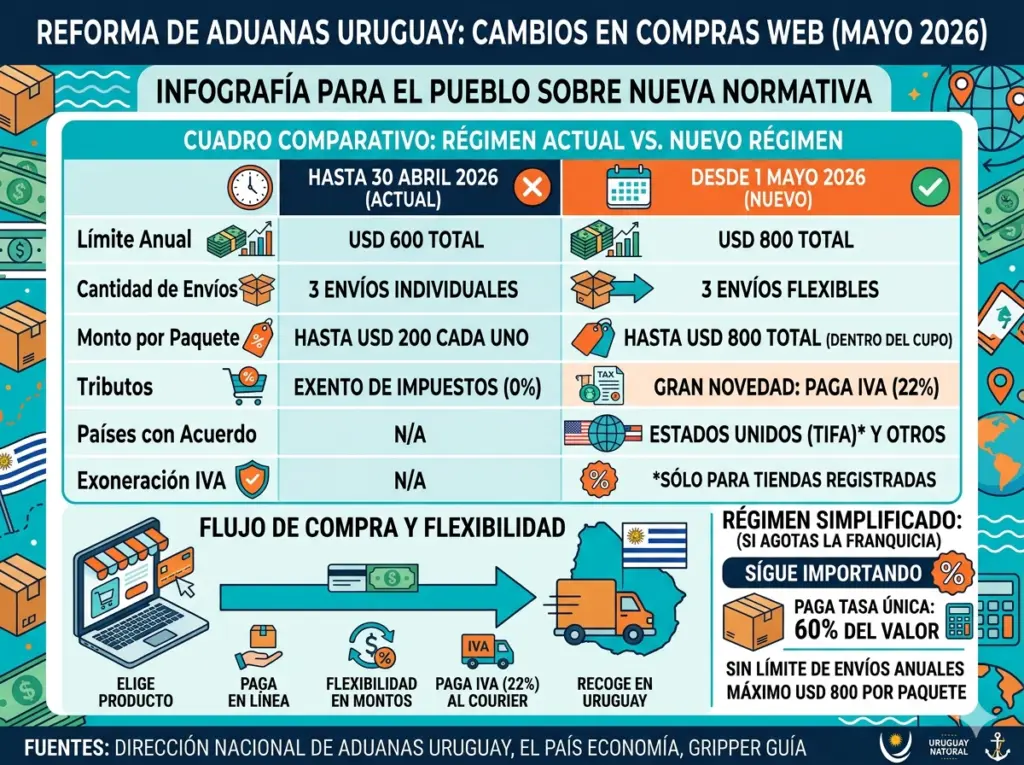 Descubre los cambios clave en el régimen de compras por internet en Uruguay a partir de mayo de 2026. Conoce el nuevo tope de 800 USD anuales, la aplicación del IVA del 22%, las excepciones para envíos desde Estados Unidos