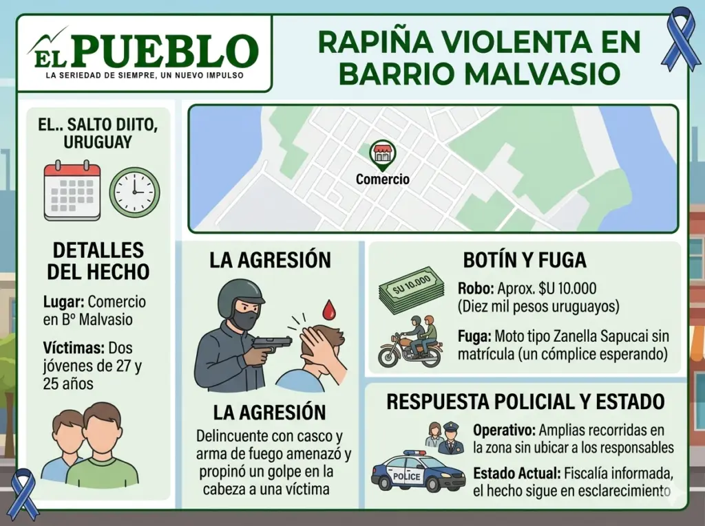Personal policial concurrió a un comercio ubicado en barrio Malvasio tras registrarse una rapiña de carácter violento.

En el lugar se entrevistó a las víctimas, dos jóvenes de 27 y 25 años, quienes manifestaron que un masculino ingresó al local utilizando casco y, mediante amenazas con un arma de fuego, exigió la recaudación de la caja. Durante el asalto, el autor le propinó un golpe en la cabeza a una de las víctimas.

El delincuente logró apoderarse de aproximadamente $U 10.000 (diez mil pesos uruguayos) y se dio a la fuga. Según lo aportado, en el exterior lo aguardaba otro masculino a bordo de una moto tipo Zanella Sapucai, la cual carecía de chapa matrícula.

Efectivos policiales realizaron amplias recorridas en la zona, sin lograr ubicar a los responsables. Fiscalía fue informada y se continúa trabajando en el esclarecimiento del hecho. / Infografía generada con Gemini AI para EL PUEBLO