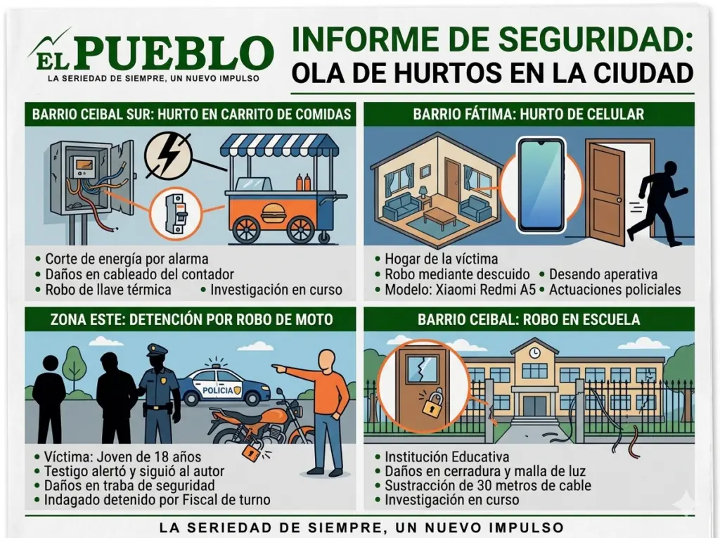 Ola de hurtos en Salto: intervenciones en Ceibal, Fátima y Zona Este / Infografía generada usando Gemini AI para EL PUEBLO