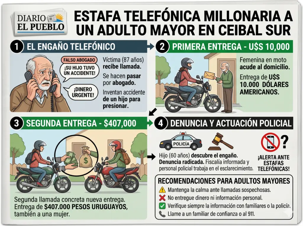 Millonaria estafa a anciano en Ceibal Sur: roban miles / Infografía generada usando Gemini AI para EL PUEBLO
