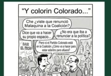 Y colorin Colorado… Cartoon de dos hombres en un bar, conversando sobre política: 'Che ¿viste que renunció Malaquina a la Coalición?' y otros globos; el título dice 'Y colorín Colorado...' y el pie dice '... Se fue pero volvió... renunciando...'