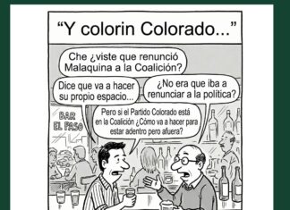 Y colorin Colorado… Cartoon de dos hombres en un bar, conversando sobre política: 'Che ¿viste que renunció Malaquina a la Coalición?' y otros globos; el título dice 'Y colorín Colorado...' y el pie dice '... Se fue pero volvió... renunciando...'