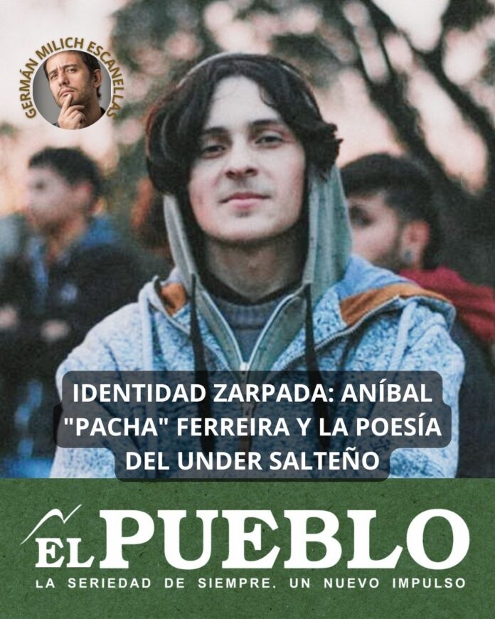 Young man in a hoodie outdoors with a bold headline banner about identity and poetry, and a green 'El Pueblo' masthead at the bottom.