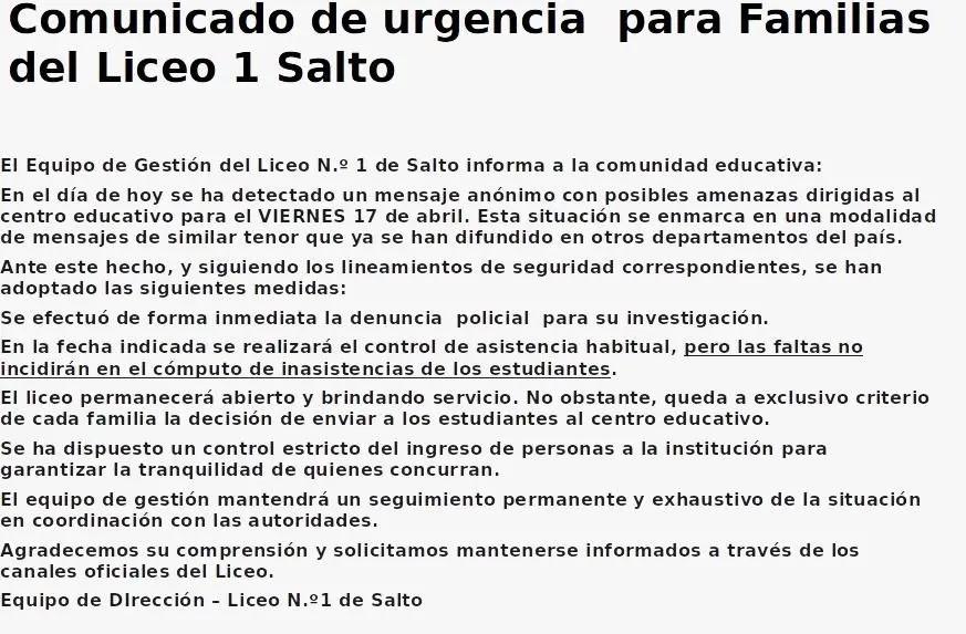 Comunicado del Liceo Nro1 de Salto por aviso de atentado con arma de fuego